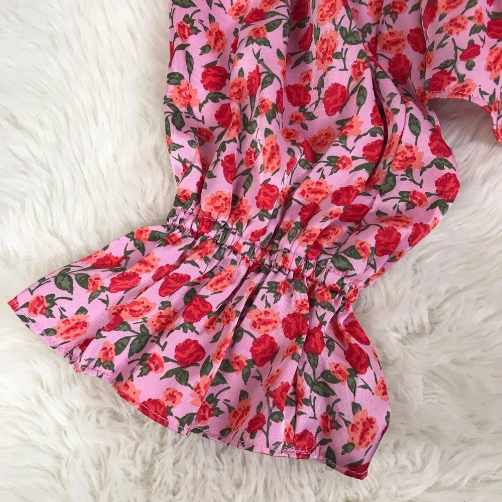 WAYF Pink Rose Floral Sweetheart Ruched Peplum‎ Top Cottagecore Coquette Small - Picture 4 of 9